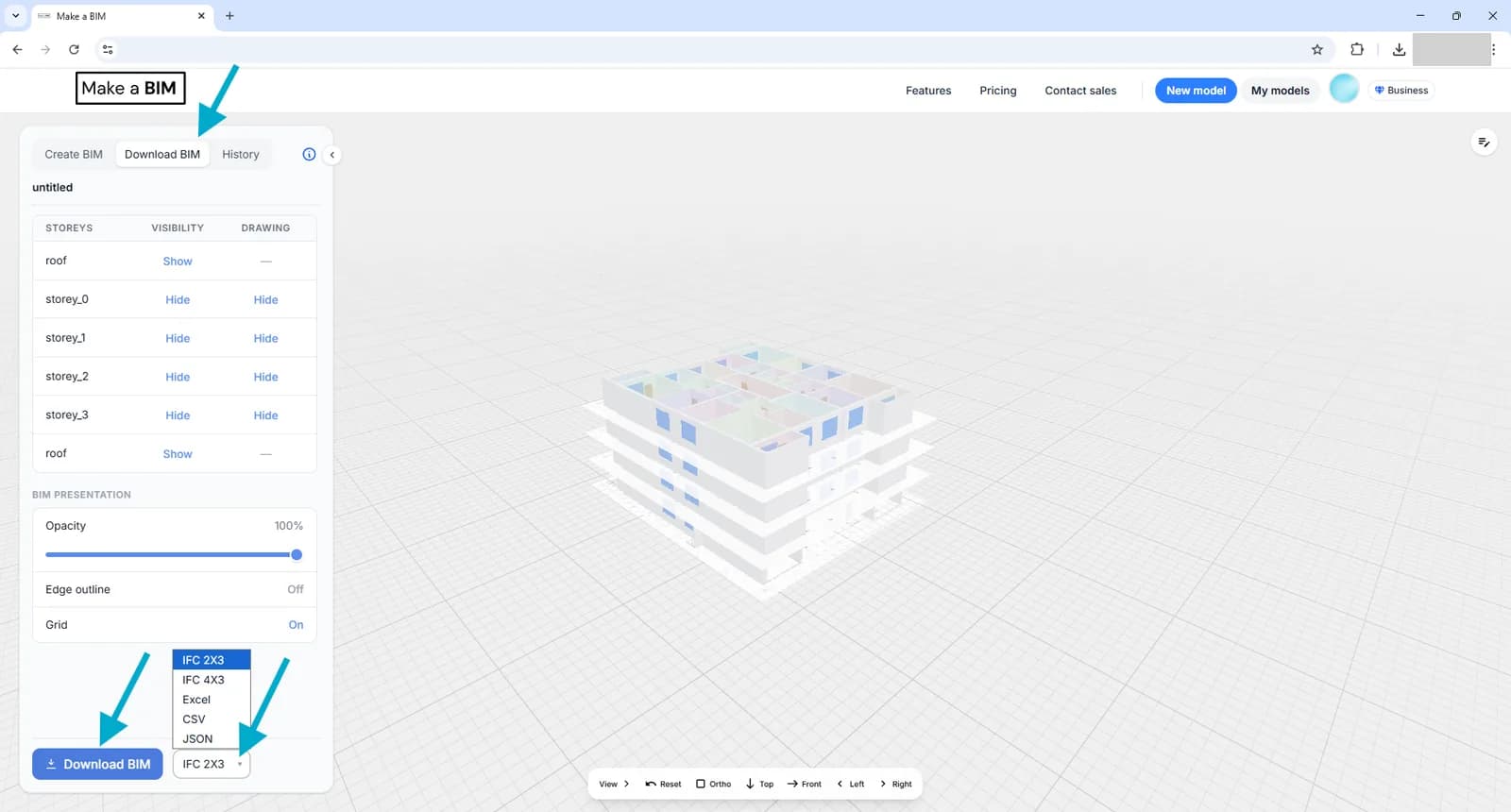The Download BIM button with the format dropdown open, listing IFC 2X3, IFC 4X3, Excel, CSV and JSON