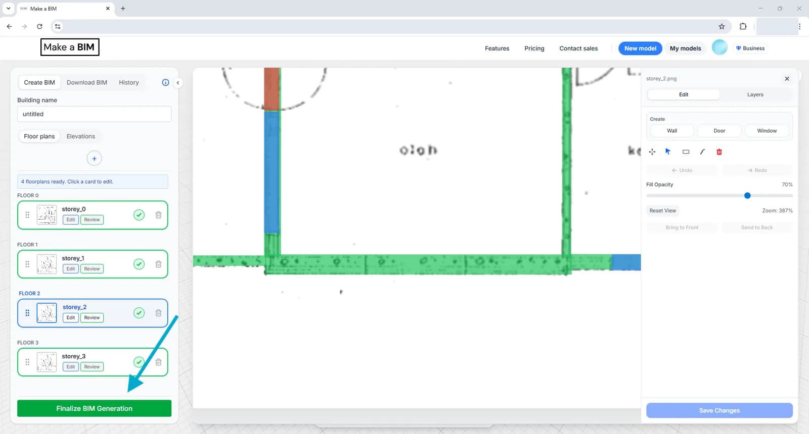The green Finalize BIM Generation button at the bottom of the left panel, with every storey marked with a green check