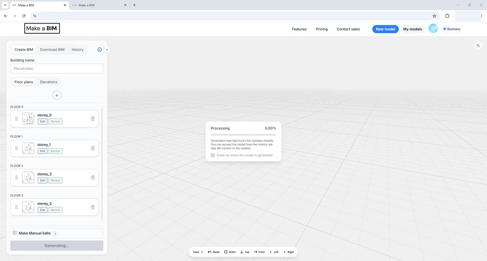 A Processing dialog showing 0.00% with a note that generation may take hours for complex models