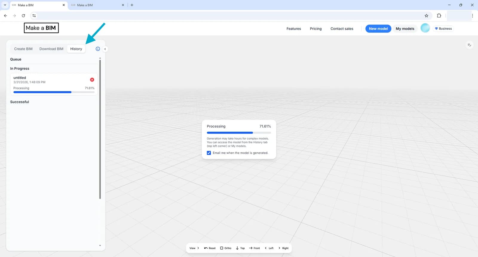 The History tab listing an in-progress model with a progress bar at 71.61 percent