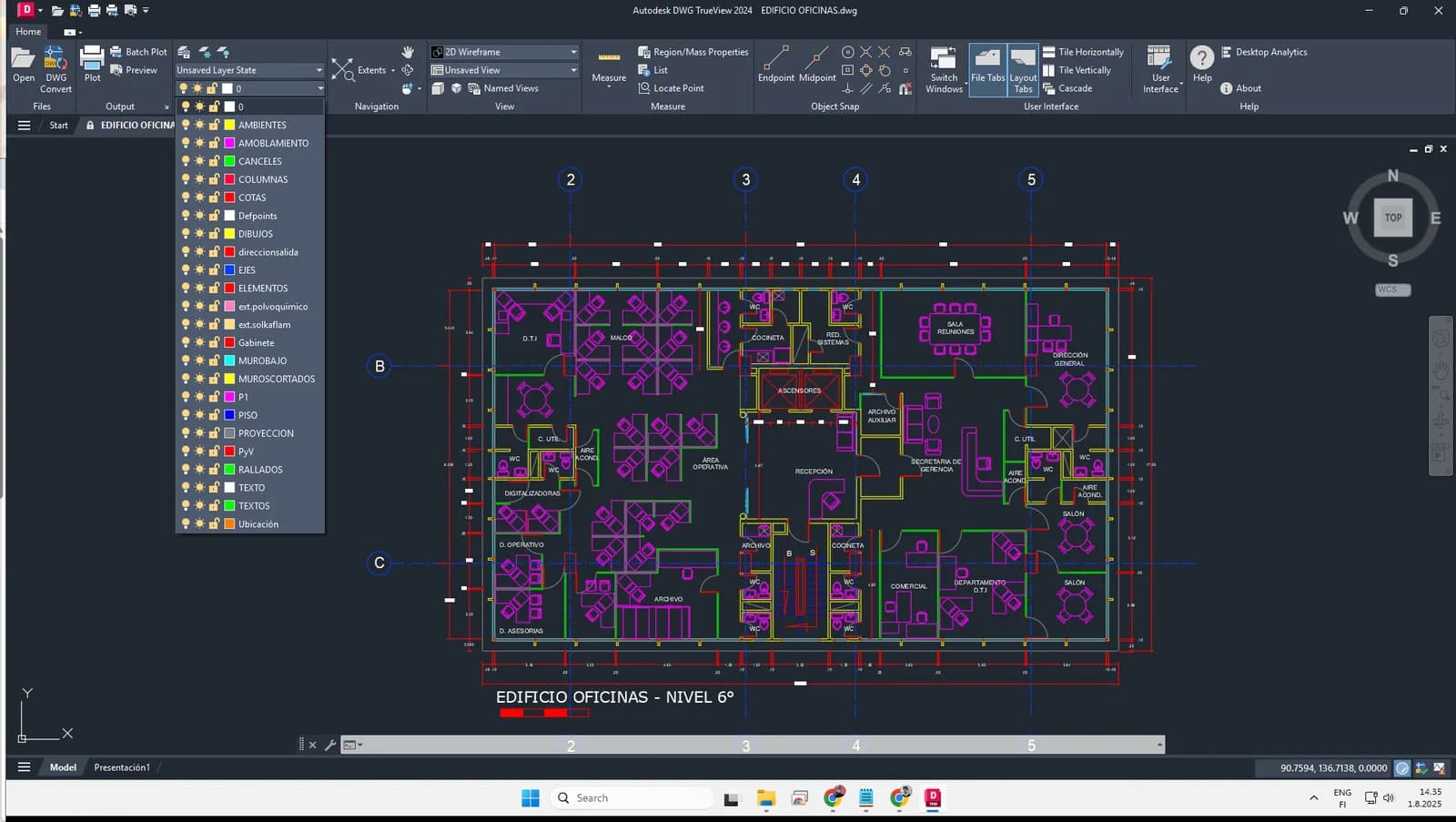 The layers dropdown open in DWG TrueView over a drawing crowded with furniture, dimension lines and grid annotation