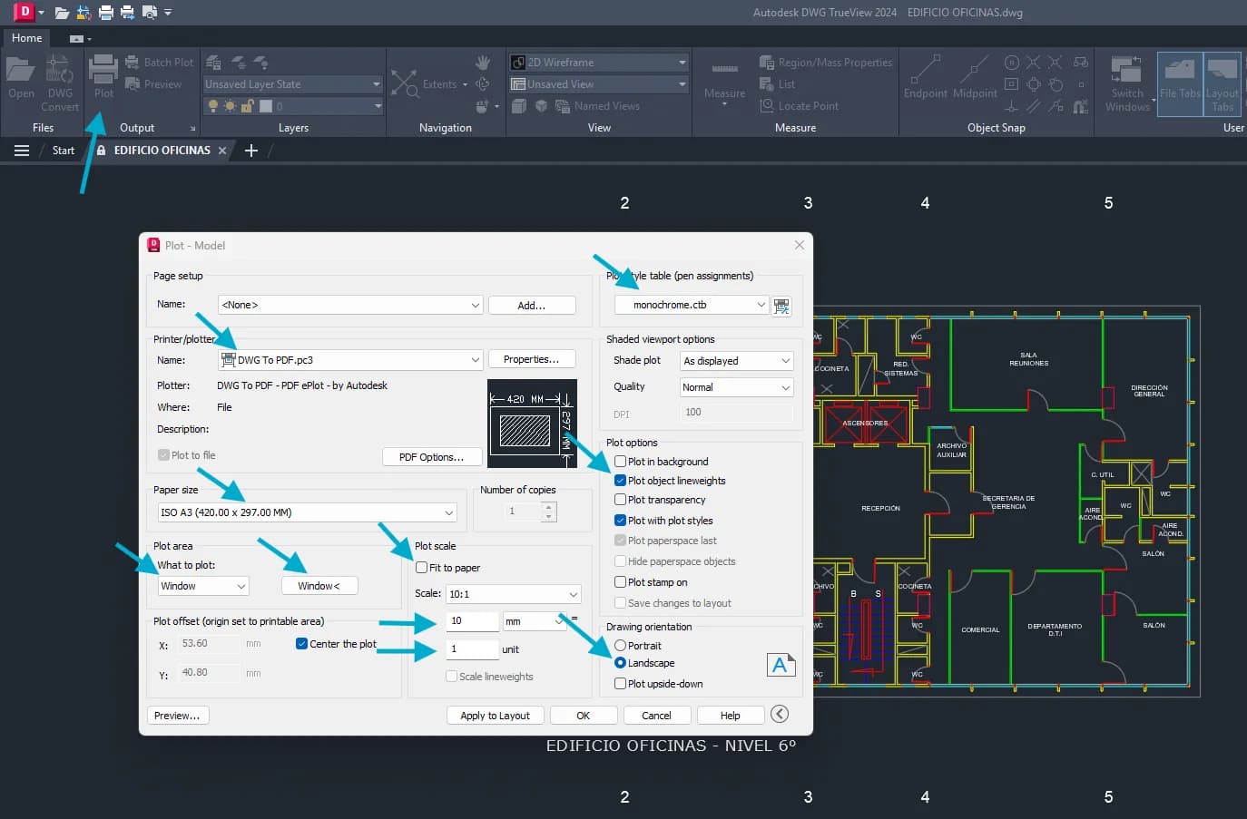 The AutoCAD Plot dialog with DWG To PDF.pc3, ISO A3 paper, monochrome.ctb, Fit to paper unchecked and a 10 mm to 1 unit scale