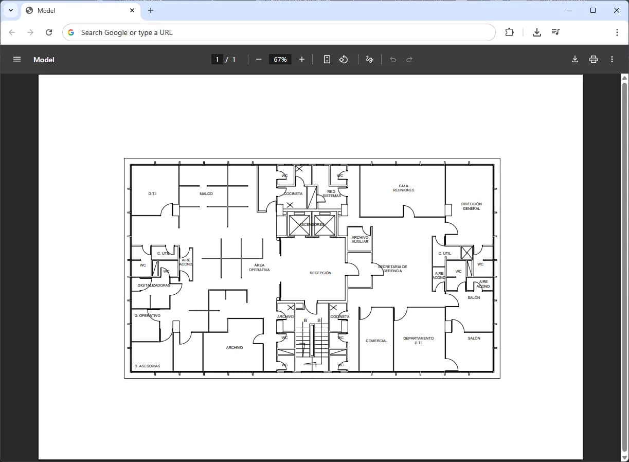 A plotted PDF floor plan: thin black lines showing walls, doors, windows and room names on a white background