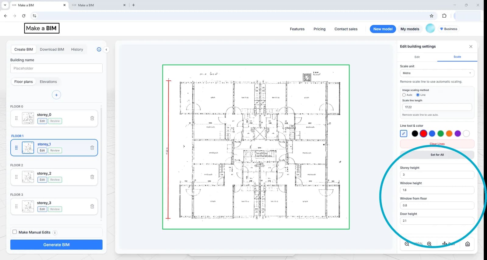 The Storey height, Window height, Window from floor and Door height fields in the right-hand panel