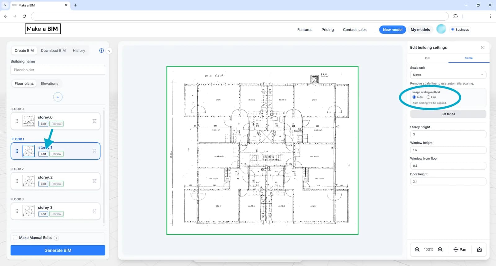 The Scale tab of the building settings panel with the Auto image scaling method selected