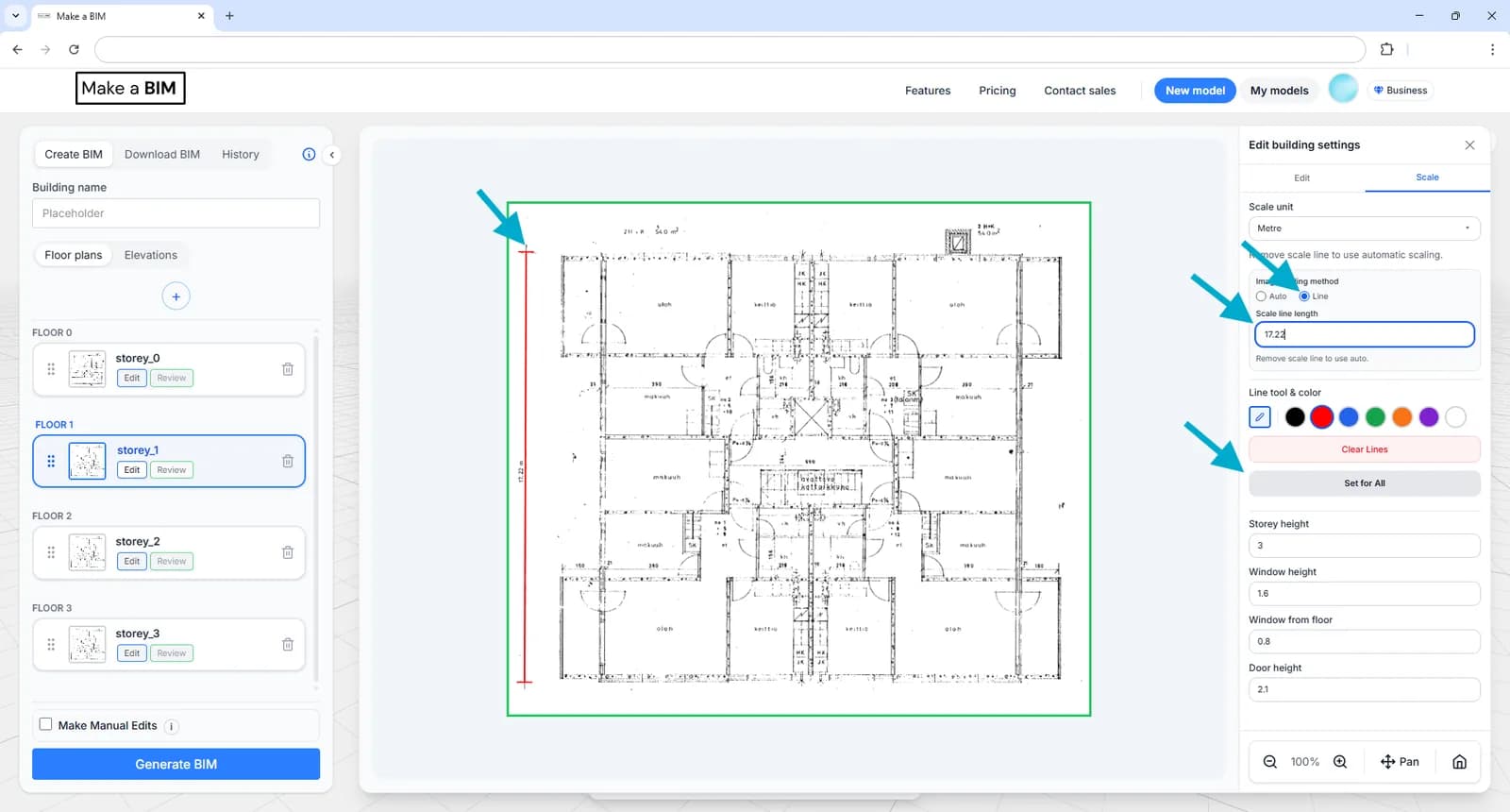 A measurement line drawn along a dimension line on a floor plan, with its real length entered as 17.22 in the Scale line length field