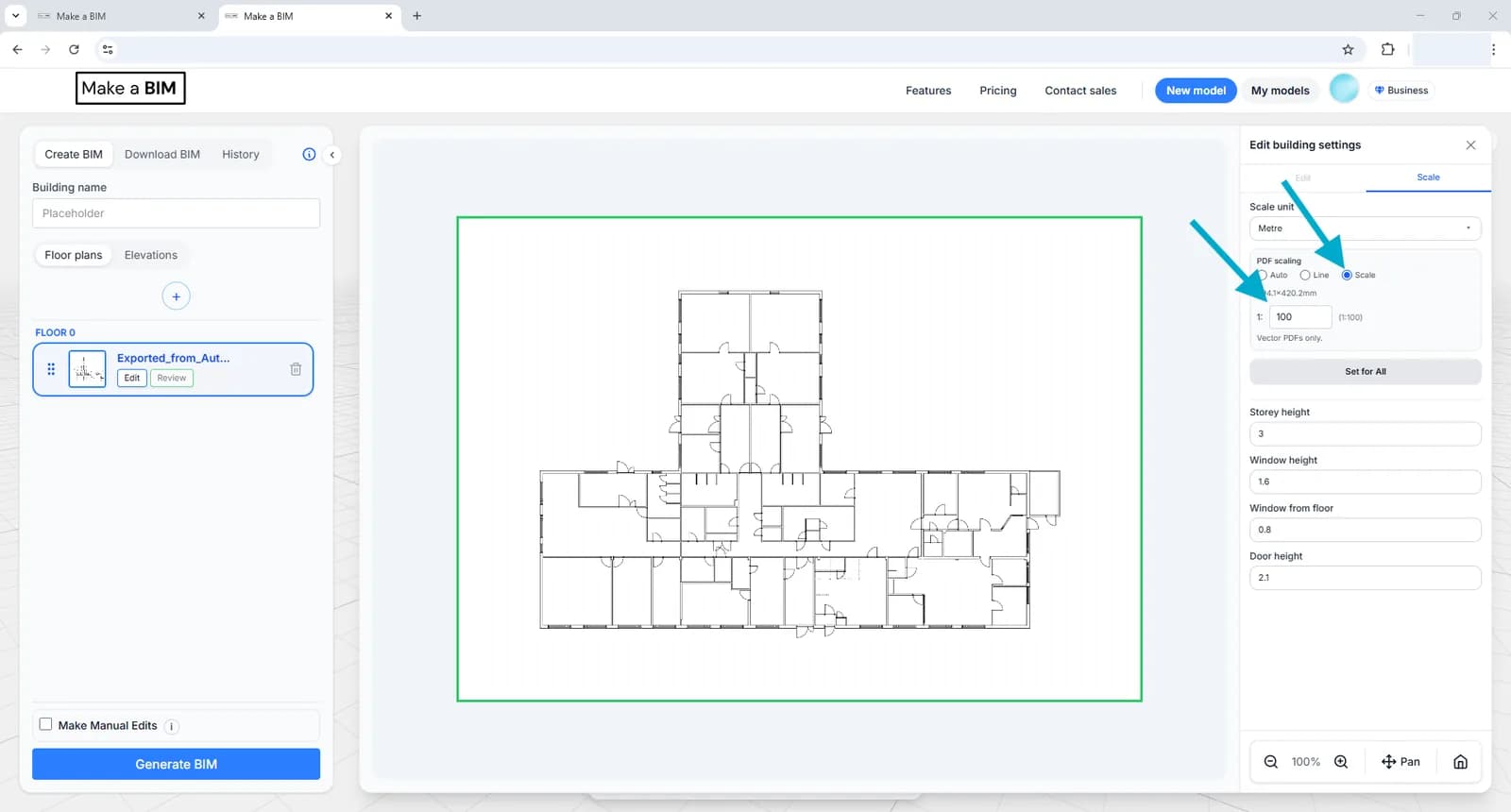 The PDF scaling option set to Scale with a ratio of 1:100 entered