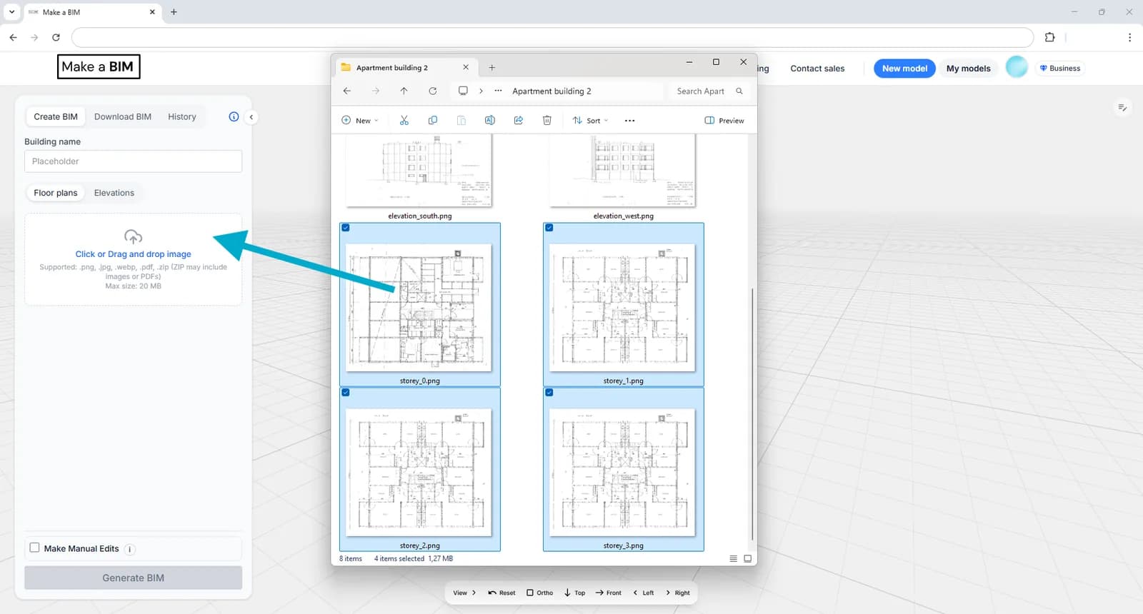 The Create BIM panel with floor plan images being dragged onto the drop area