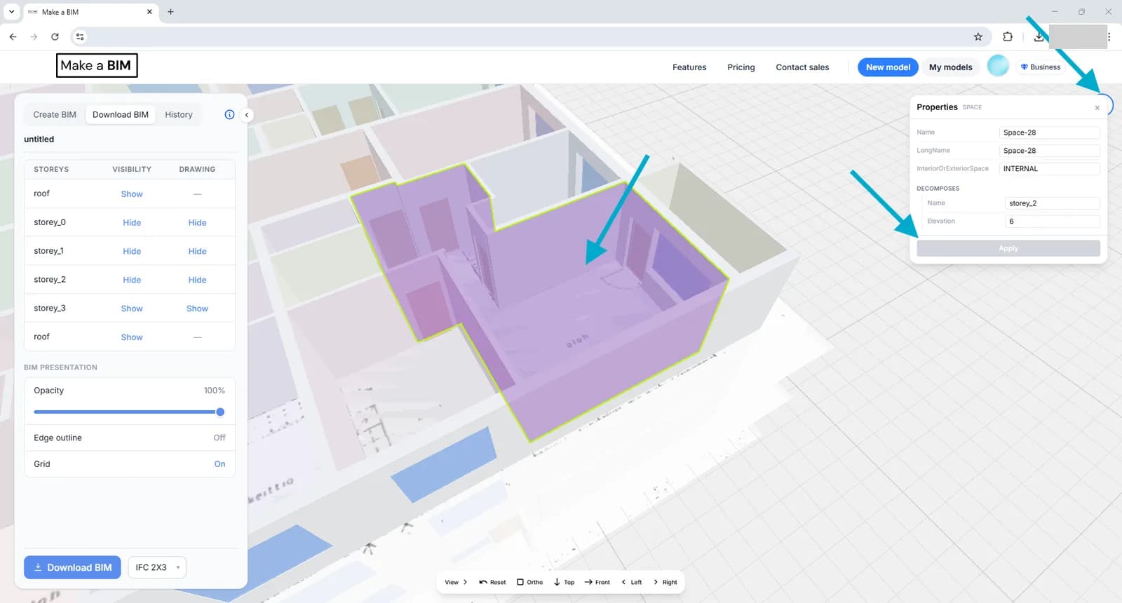 A selected space highlighted in the 3D model with its Name, LongName and elevation shown in the Properties panel